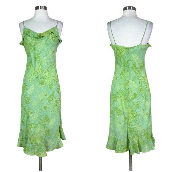 Vintage Dresses & Skirts - Vintage Y2K Dress-U Green Floral Slip Dress Ruffle Hem Bias Cut Spaghetti Strap